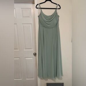 David’s bridal dusty sage cowl neck chiffon dress with slit